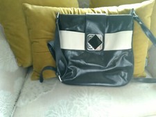 Principles Cross Body Black & Cream Patent Leather Effect Zipped Long Strap Bag