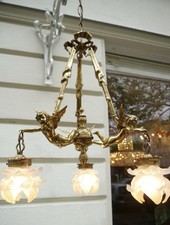 CHERUBS CHANDELIER ANTIQUE ART NOUVEAU BRONZE SHINY BRASS 3 LAMP c. 1960 Ø 20"