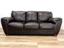 SOFA 3 Seater Dark Brown Real Leather Sewn In Cushions Padded Arms Plastic Feet