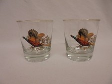 VINTAGE RETRO PAIR OF PHEASANT DESIGN WHISKY TUMBLER GLASS GILT RIM 70S