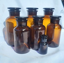 Seven Large Vintage Amber Glass Apothecary Bottles With Glass Stoppers ~