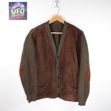 Vintage Country Cardigan Suede Knit Jacket Brown Olive Shooting Elbow Patch L