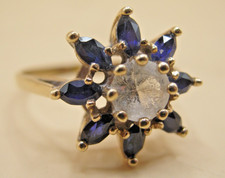 Vintage 9ct 9k Yellow Gold Blue Sapphire & White Spinel Cocktail Ring Size P