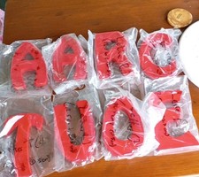 Lot Of 8 Plywood Letters, Red, 20cm, Letters A, A, R, C, T, U, O, E