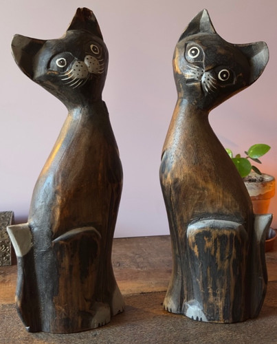 Wooden cat statues pair - wooden,
