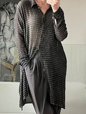 GRIZAS Lagenlook Long Shirt Semi Sheer Textured Silk Mix Black/Grey Size XL