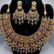 Polki Semi Bridal Necklace Set with Beautiful Earrings and Tika/Multi Colour Set