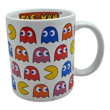 Vintage White Pac-Man & Ghost Arcade Coffee Mug Cup Bandai Namco Red Blue Ghosts