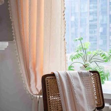 UK Stripe Curtain Panel Slot Top Checked Cotton Linen Textured Curtains Tassels