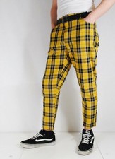 Mens Bespoke Slim Fit Tartan Check Sta Press Style Trousers 60s Mod Yellow/Navy