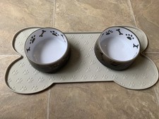 Brown Beige Cream Dog Water Food Bowl pet x2  Mat Feeding bed chair table  