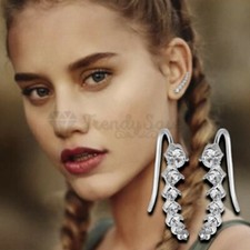 Solid 925 Sterling Silver Plated Cubic Zircon Crystal Climber Cuff Stud Earrings