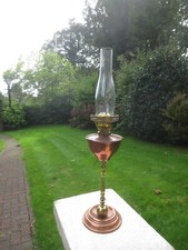ARTS & CRAFTS STYLE ANTIQUE COPPER BRASS WAS BENSON OIL LAMP AND CHIMNEY