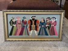 Large Framed Henry VIII & His Six Wives Needlepoint Tapestry Rare Collectible