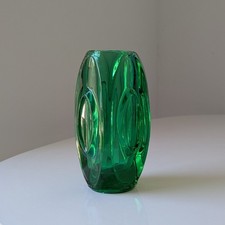 Rosice Sklo Union Vintage Green Glass Bullet Lens Vase by Rudolf Schrotter