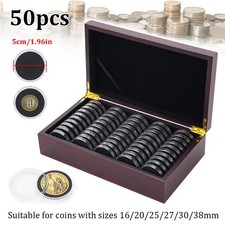 50pcs 46MM Coin Capsules Storage Box&Wooden Case Holders Collection Display