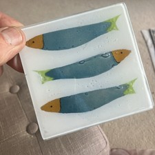 Art Glass Three Sardines Coaster In Blue Green And Orange