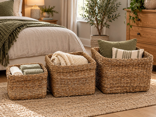 Woven seagrass storage basket - woven,