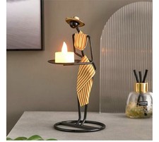 African Tribal Woman Metal Candle Holder Abstract Art Figurine Black & Yellow