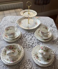 Pretty Vintage Royal Albert Bone China Part Tea Set & Cake Stand Moss Rose
