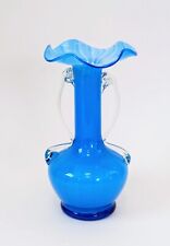 Vintage, Venetian,Turquoise & White Cased Glass Vase. Applied Handles, Perfect.