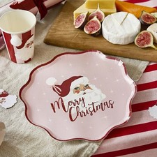 Vintage Santa Claus Christmas Paper Plates | Festive Red Pink Tableware 8pk