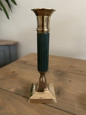 Indian Heavy Brass Green Enamel Vintage Unusual Ribbed Metal Candlestick 7.5 In