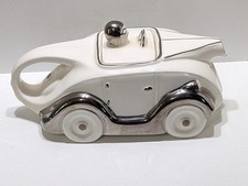 Sarsaparilla Deco Designs OKT42 Race Car Teapot WDriver Lid VTG 1985, White