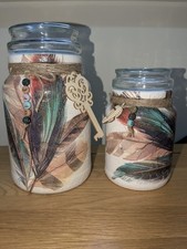 Tea And Coffee Jars, Glass Hand Decorated Decoupaged  Feather Design