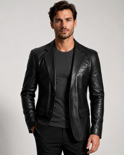 Men black leather blazer - leather,