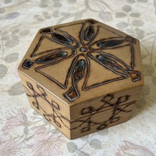 Vintage Wooden Hexagon Hinged Trinket Box Pyrography Handmade Design 8.5 cm