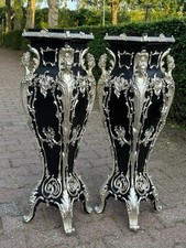 Pedestals Pair XL Italian Baroque 43" Black Silver Marble Effect Display Stands