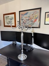 Heavy & Large Modern Polished Silver Tone Metal 5-Arm Candelabra 39"