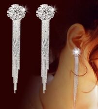 Silver Diamante Faux Crystal Long Dangle Tassel Earrings Stud Pierced Ears E75