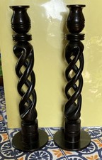 Pair of Dark Wood Open Hollow Barley Twist Wooden Candlesticks 10”