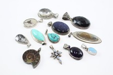 Sterling Silver Gemstone Pendants Agate Ammonite Rutilated Quartz x 12 (110g)