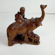 Chinese Hand Carved Wooden Elephant With Rider 5"