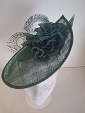 Dark Green/Forest beautiful wedding Disc Hat, with roses and peacock feathers. 
