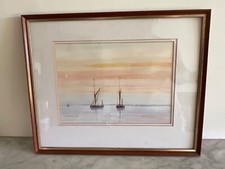 Signed Watercolour Painting Jack Burton Bridlington SPRITSAIL BARGES AT ANCHOR 2