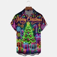 Mens Button Down Shirts Neon Christmas Tree Printed Hawaiian Tops Ugly Gift