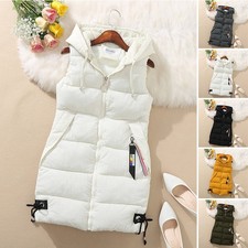 WOMENS LADIES LONG LINE HOODED PUFFER GILET JACKETS PADDED VEST BODY WARMER TOP