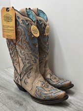 Corral Boots A4270 Bone Blue Inlay Studded Mid-Calf Western Cowgirl Sz 7.5 B (M)