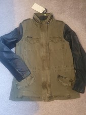 WOMENS KHAKI JACKET, FAUX LEATHER SLEEVES, SIZE 14 WITH TAGS