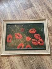 Poppies Oil Painting Framed Signed EM Lovely Vintage Wall Art