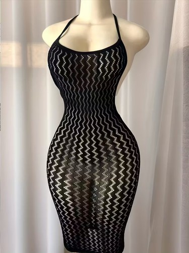 Sexy black mesh halter dress - black,
