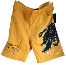 ED HARDY Men's Yellow Crouching Panther Fleece Shorts  Rare  Size L
