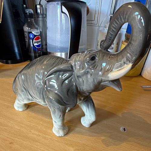 Grey white ceramic elephant - &,