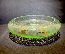 Vintage Green Crackle Glass Bowl with Amber Feet Stunning Piece Great Condition