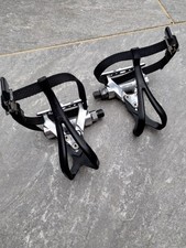 Pair HTI A67 pedals with cages and toe straps, serviced.  Retro vintage L'Eroica