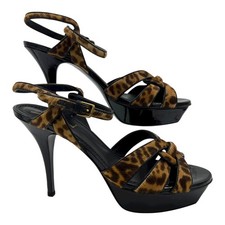 SAINT LAURENT 'Tribute' Leopard Pony Black Patent Platform Heels Sz EU 40 9.5
